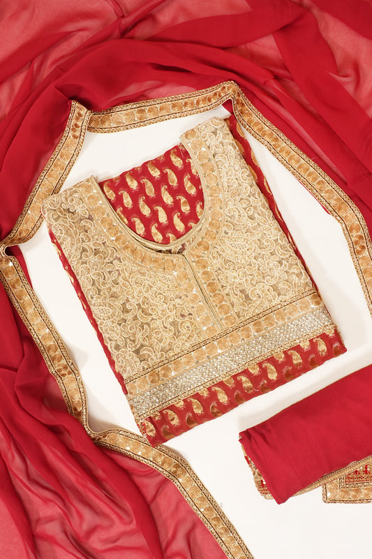 Maroon Khaddi Georgette Semi Stitched Suit Salwar With Dupatta