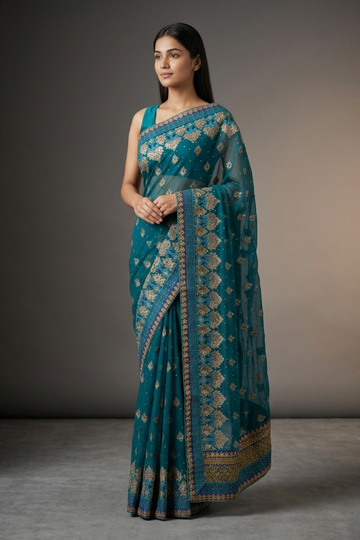 Rama Georgette Embroidered Saree With Unstitched Blouse
