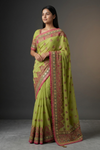 Lime Green Georgette Embroidered Saree With Unstitched Blouse