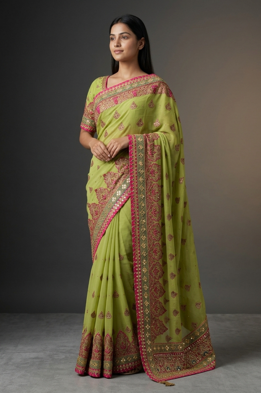 Lime Green Georgette Embroidered Saree With Unstitched Blouse