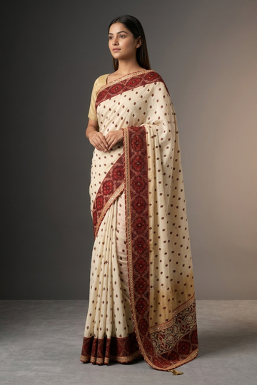 Tussar Crepe Embriodered Saree With Unstitched Blouse