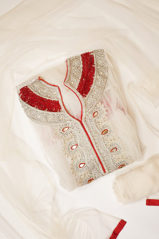 Off White Net Semi Stitched Salwar Suit With Dupatta