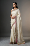 White Jacquard Chiffon Embriodered Saree With Unstitched Blouse