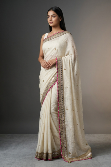White Jacquard Chiffon Embriodered Saree With Unstitched Blouse