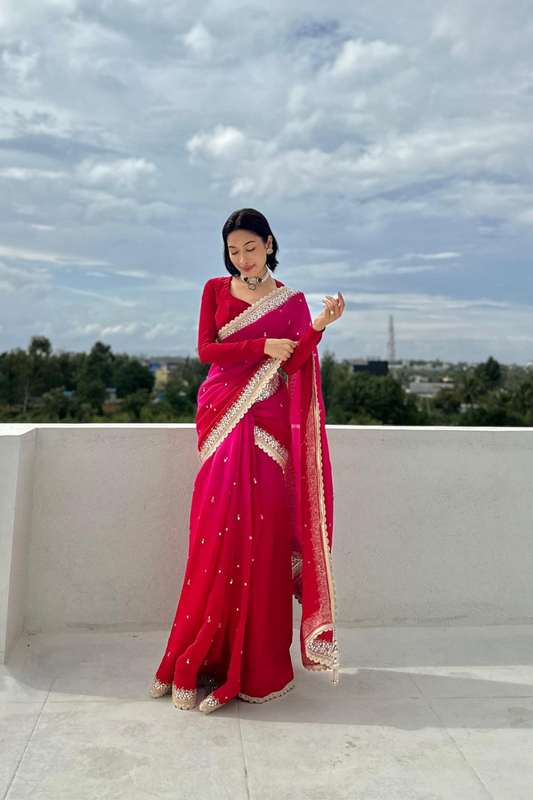 Red Rani Organza Satin Embroidered Sequence Saree (Ft:-Isha Borah)