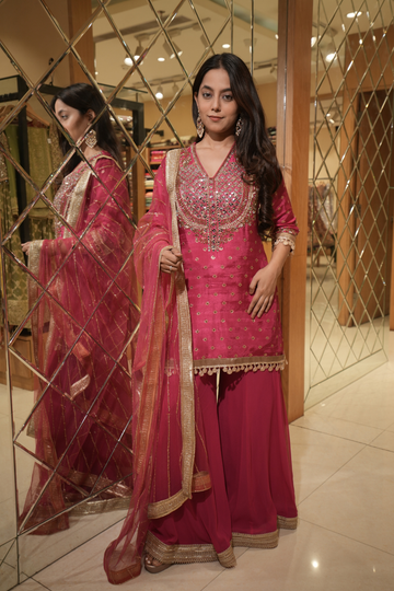 Rani Dolna Readymade Sharara Set With Net Dupatta (Ft:-Muskan Sharma)