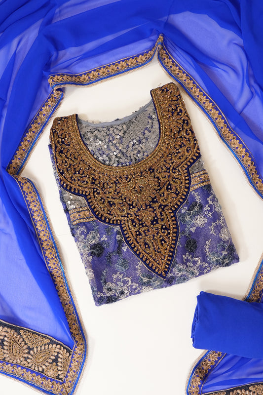 Royle Blue Lace Georgette Semi Stitched Salwar Suit With Dupatta
