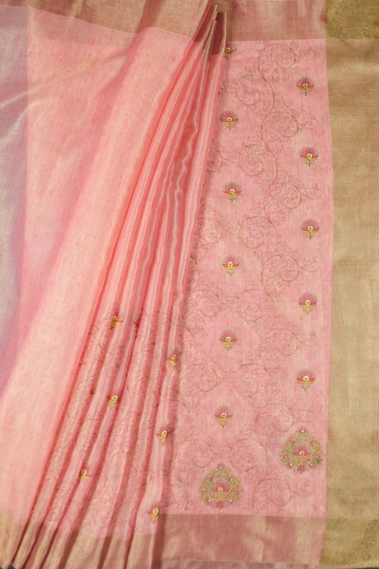 Onion Cotton Resham Embroidered Zari Border Saree With Unstitched Blouse