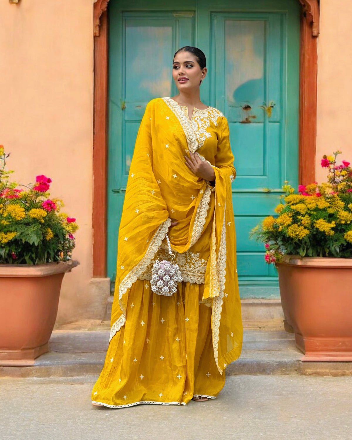 Mustard Georgette Readymade Sharara Set With Organza Dupatta