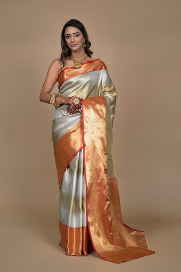 Grey Woven Zari  Banarasi Silk Designer Saree With Unstitched Blouse