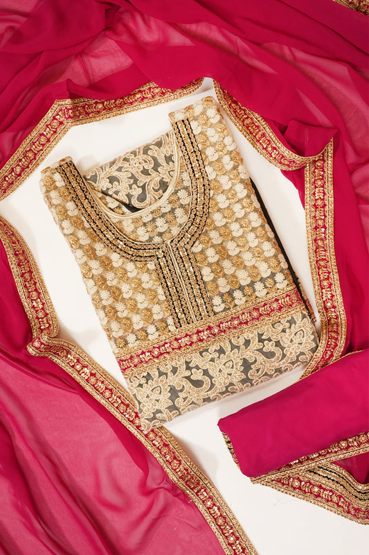 Tussar Rani Net Georgette Semi Stitched Suit Salwar With Dupatta