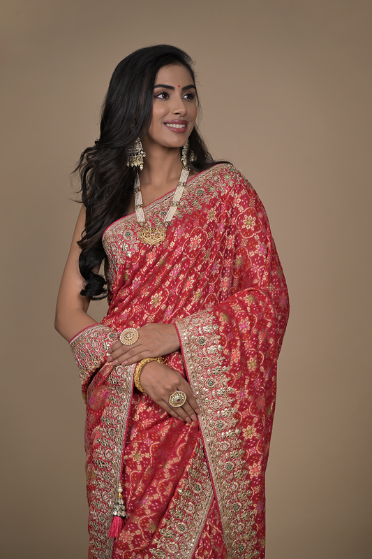 Red Woven Zari, Cudana & Gotta Patti Banarasi Silk Designer Saree With Unstitched Blouse