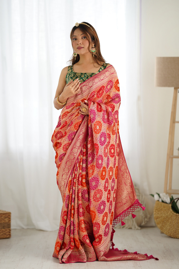 Orange Rani Satin Banarasi Woven Zari Saree With Unstitched Blouse (Ft:-Arti Chauhan)