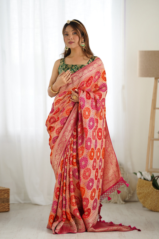 Orange Rani Satin Banarasi Woven Zari Saree With Unstitched Blouse (Ft:-Arti Chauhan)