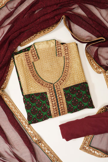 Tussar Bottle Green Crepe Semi Stitched Salwar Suit With Dupatta