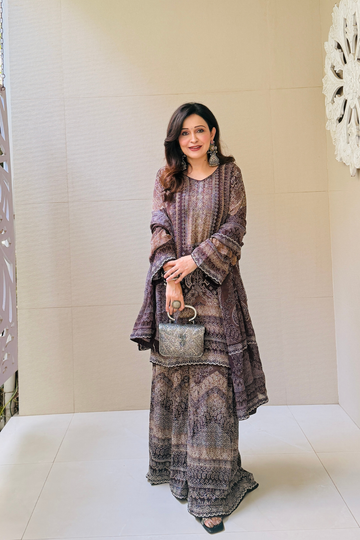 Brown Crepe Readymade Sharara Set With Crepe Dupatta (Ft:-Anjan Prasad)