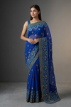 Royal Blue Chiffon Embroidered Saree With Unstitched Blouse
