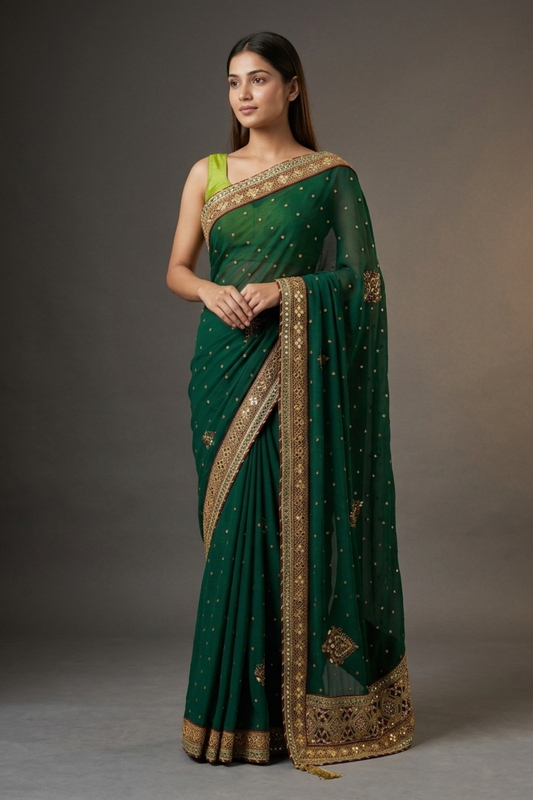 Bottle Green Georgette Embroidered Saree With Unstitched Blouse