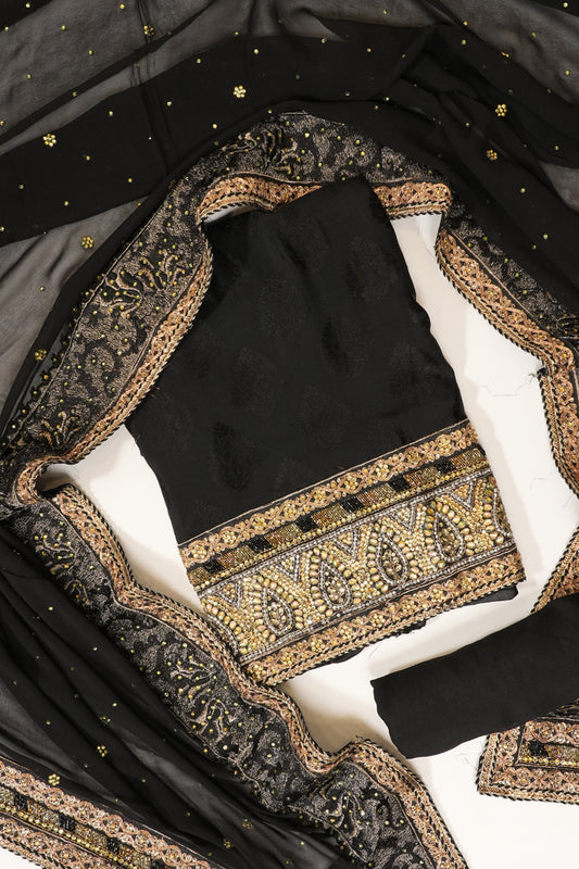 Black Chinon Unstitched Suit Salwar With Dupatta