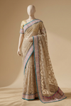 Olive Net Embroidered Saree With Unstitched Blouse
