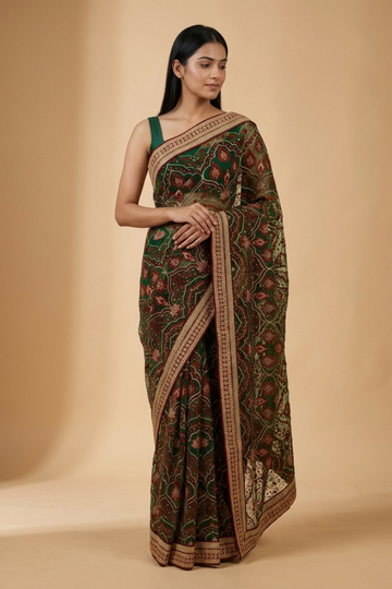 Bottle Green Net Embroidered Saree With Unstitched Blouse