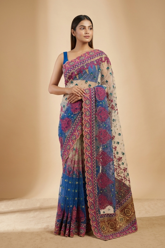 Bluish Grey Net Embroidered Saree With Unstitched Blouse