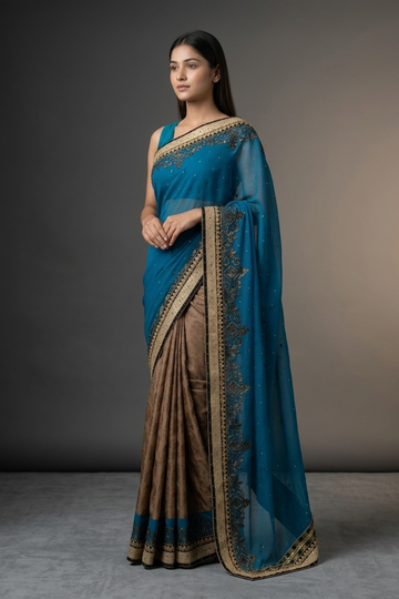 Rama Georgette Embroidered Saree With Unstitched Blouse
