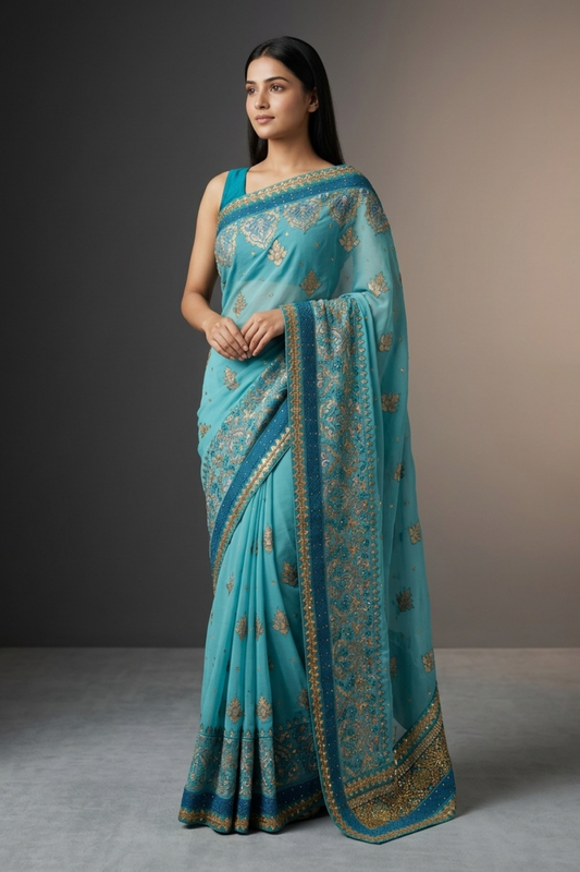 Tea Green Chiffon Embriodered Saree With Unstitched Blouse