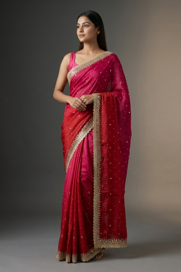Red Rani Organza Satin Embroidered Saree With Unstitched Blouse