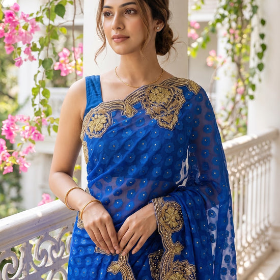 Royal Blue Kora Silk Embroidered Saree - Embroidery Closeup