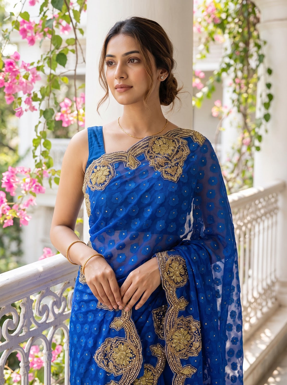 Royal Blue Kora Silk Embroidered Saree - Embroidery Closeup