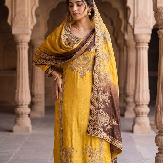 UN8894-KE-540822 Mustard Unstitched Suit styled look