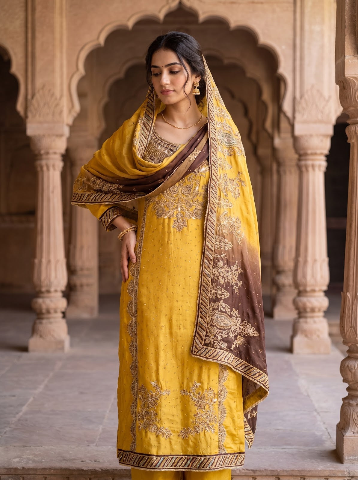 UN8894-KE-540822 Mustard Unstitched Suit styled look