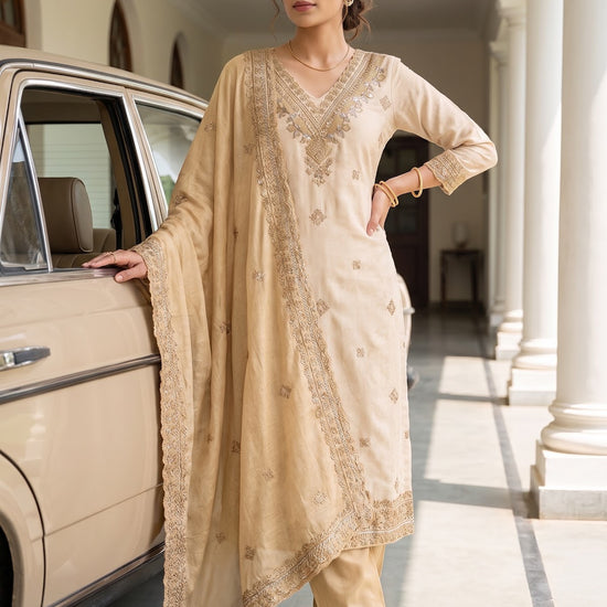 UN8808-RTC-540752 Tussar Mustard Unstitched Suit styled look