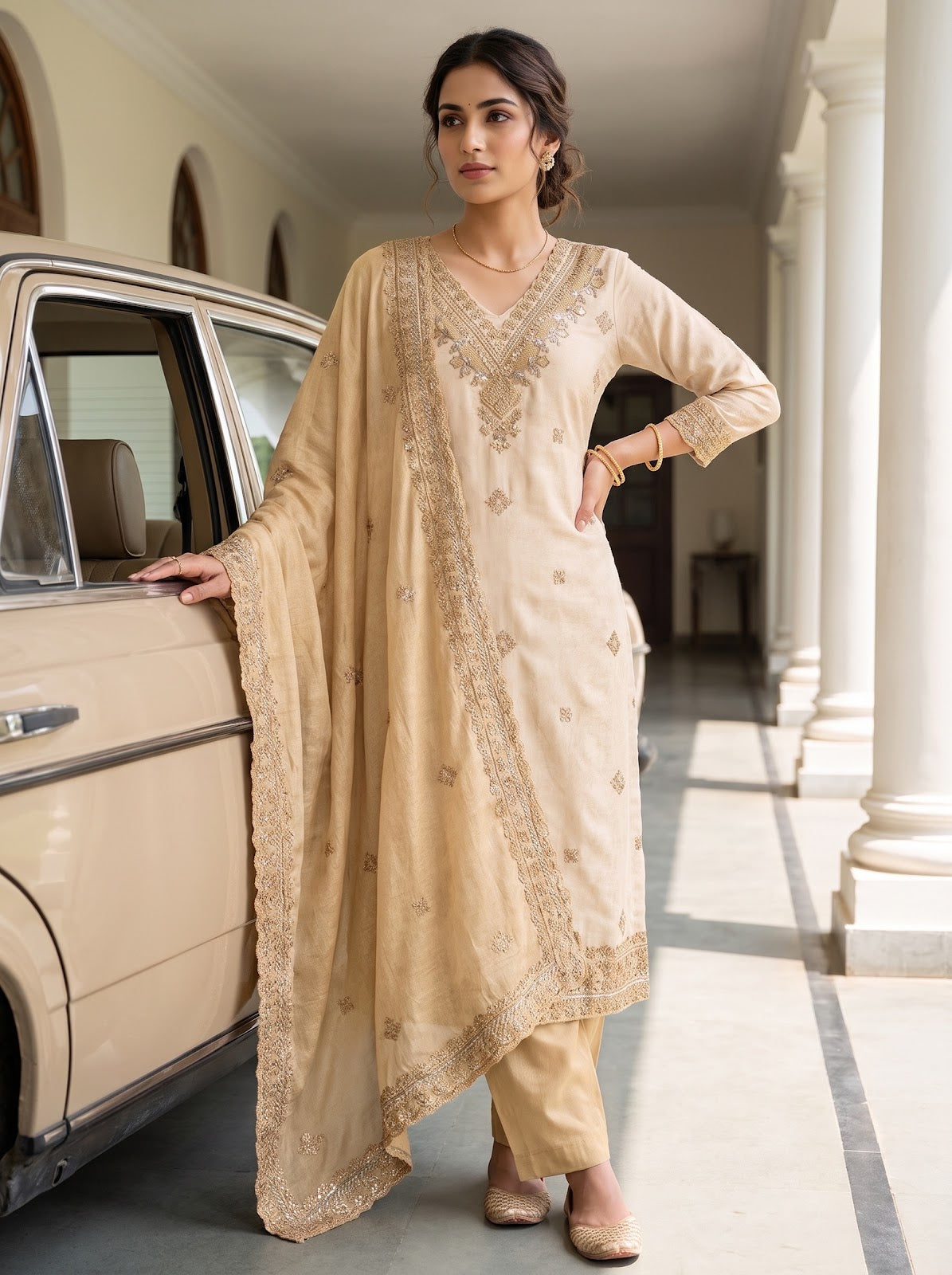 UN8808-RTC-540752 Tussar Mustard Unstitched Suit styled look