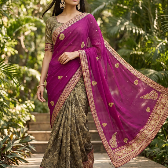 Magenta Georgette Crepe Embroidered Saree - Full Drape