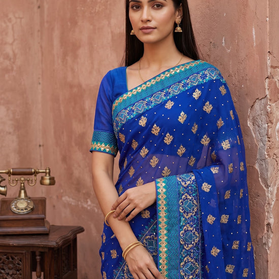 Royal Blue Chiffon Embroidered Saree - Embroidery Closeup