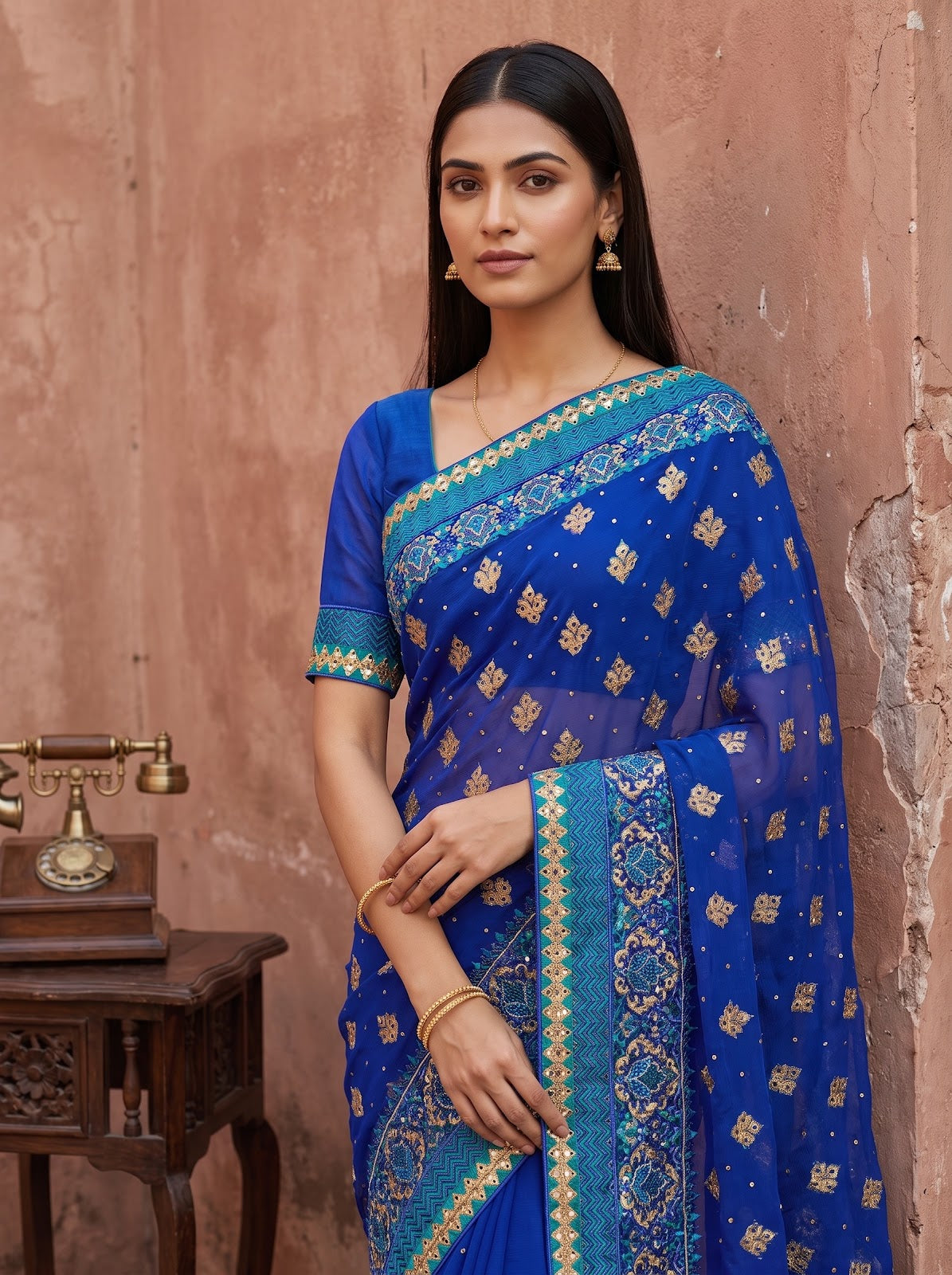 Royal Blue Chiffon Embroidered Saree - Embroidery Closeup