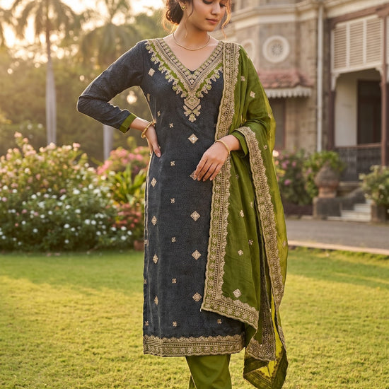 UN8807-RTC-540752 Black Mehandi Unstitched Suit styled look
