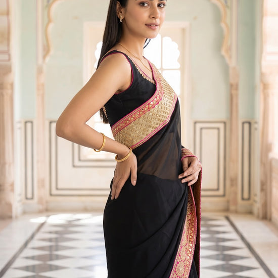 Black Georgette Embroidered Saree - Side View