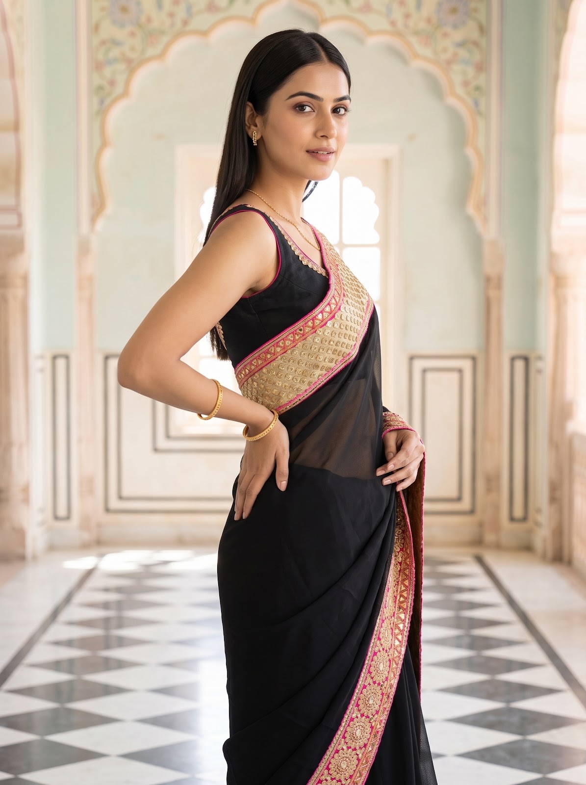 Black Georgette Embroidered Saree - Side View