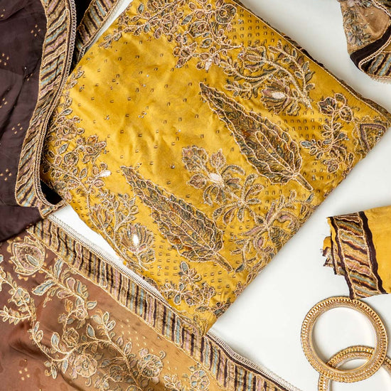 UN8894-KE-540822 Mustard Unstitched Suit embroidery detail