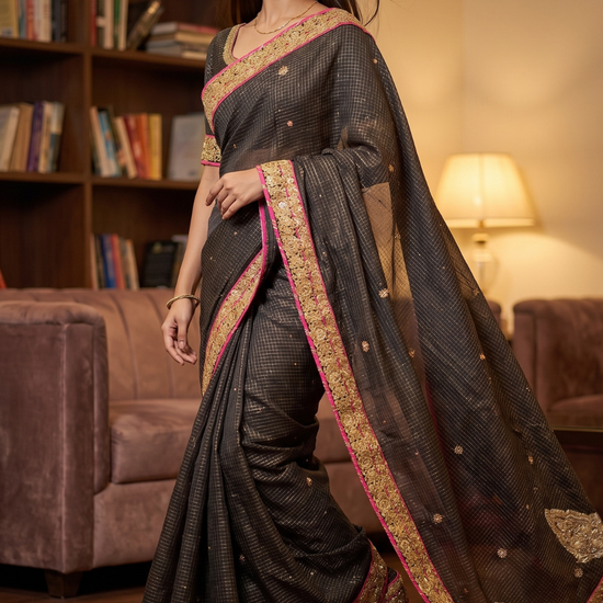 Black Tussar Embroidered Saree - Hero View