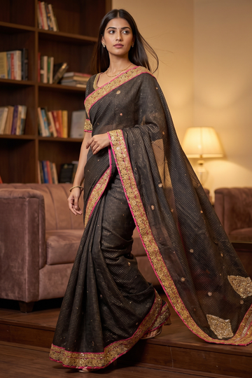 Black Tussar Embroidered Saree - Hero View
