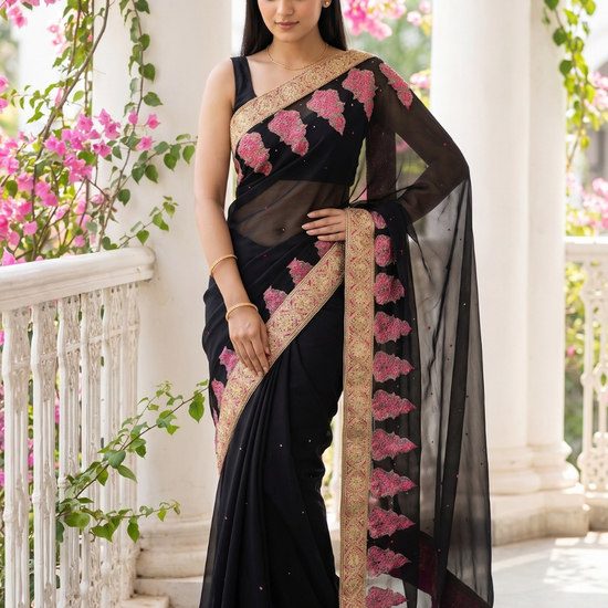 Black Chiffon Embroidered Saree - Hero View