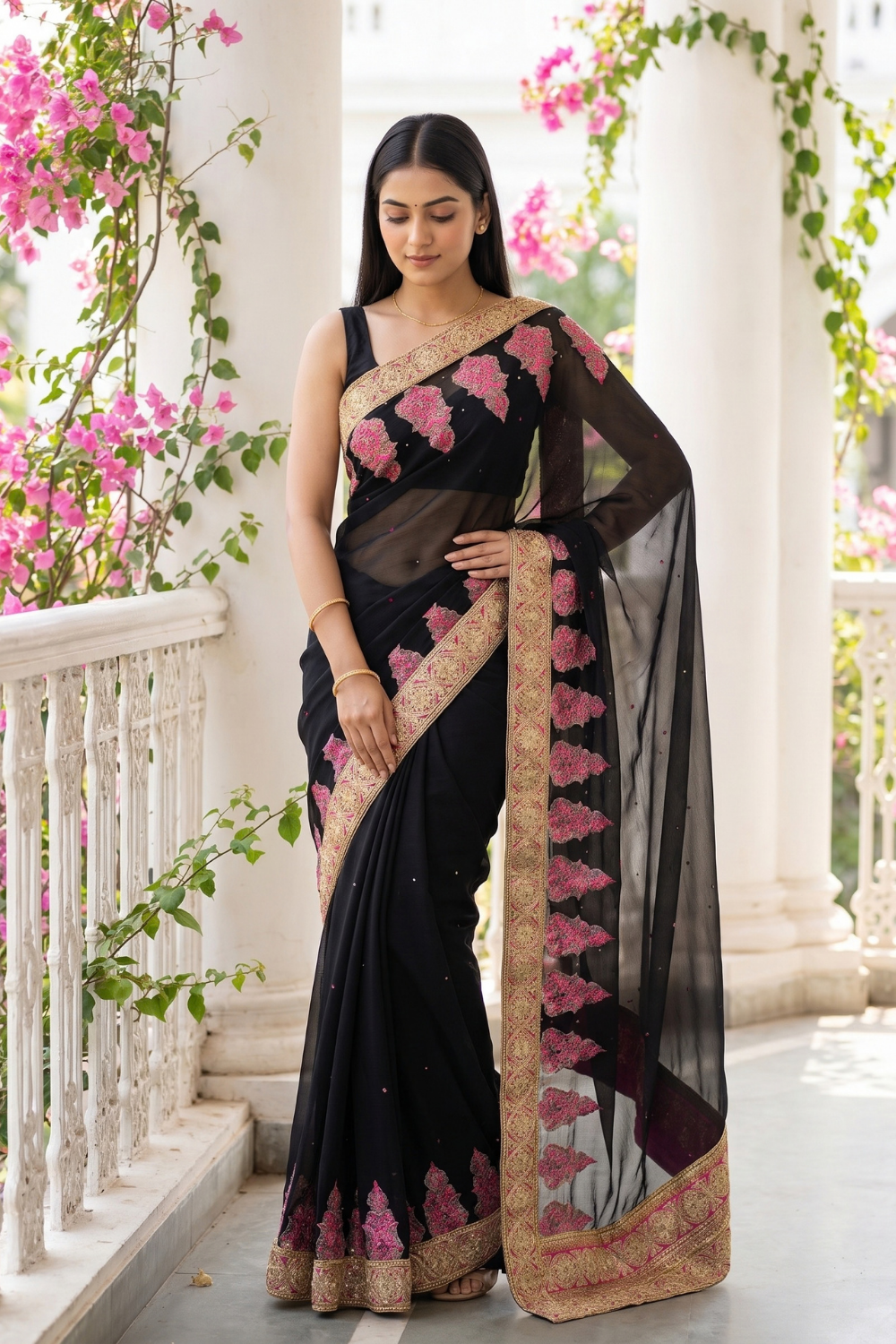 Black Chiffon Embroidered Saree - Hero View
