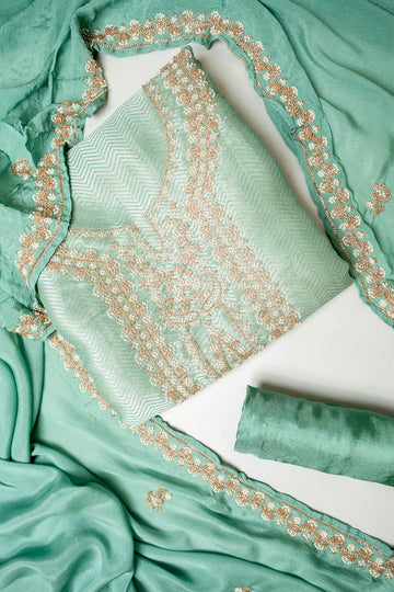 Royal Heritage Tea-Green Banarasi Silk Unstitched Salwar Suit With Silk Dupatta
