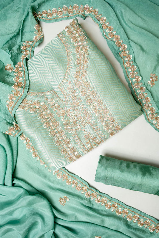 Royal Heritage Tea-Green Banarasi Silk Unstitched Salwar Suit With Silk Dupatta