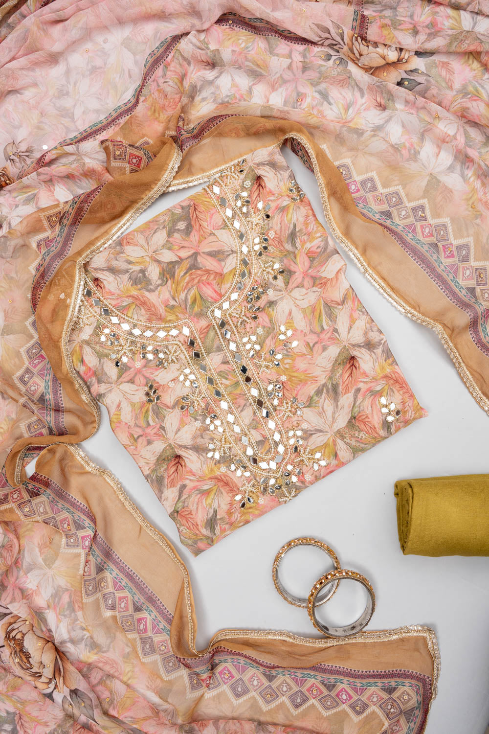 Peach Pista Crepe Unstitched Salwar Suit - Hero