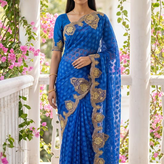 Royal Blue Kora Silk Embroidered Saree - Hero View